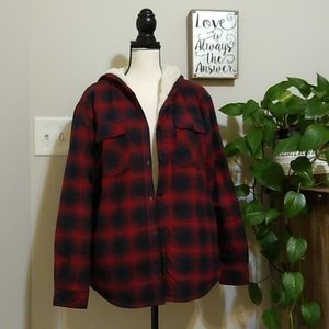 Boston traders faux fur lined red and black plaid jacket EUC